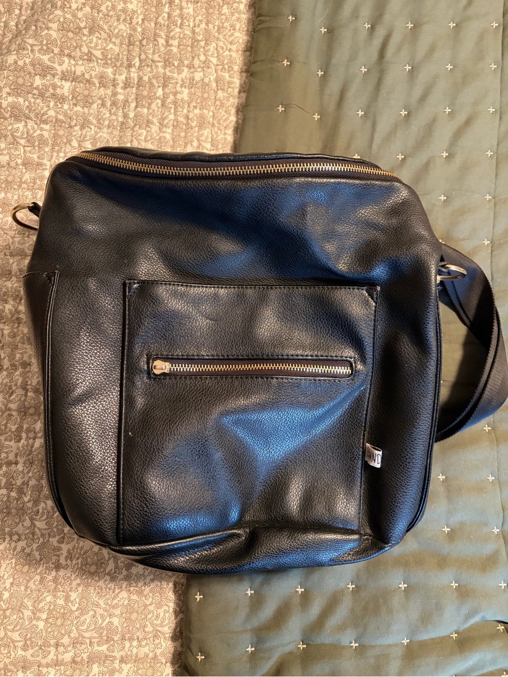 Fawn Design Black Leather Baby Bag with Front Zip Pocket